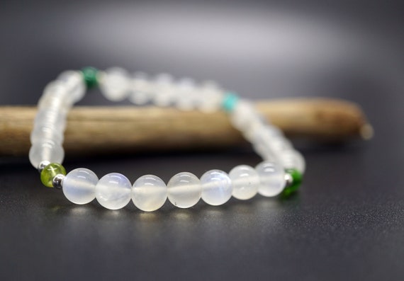 Natural Moonstone Bracelet 7MM Elastic Bracelet Multi-Gem Bracelet Gift for Her Blue Good Flash