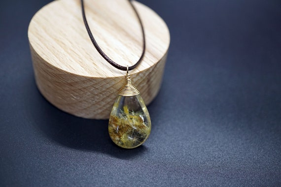 Natural Teardrop Gold Rutilated Quartz in Gold-filled Pendant With Adjustable Cord 27*15mm