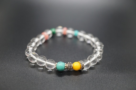 Natural Clear Qartz, Colorless Quartz Bracelet, Multi-gem Charm Bracelet, 8.2MM