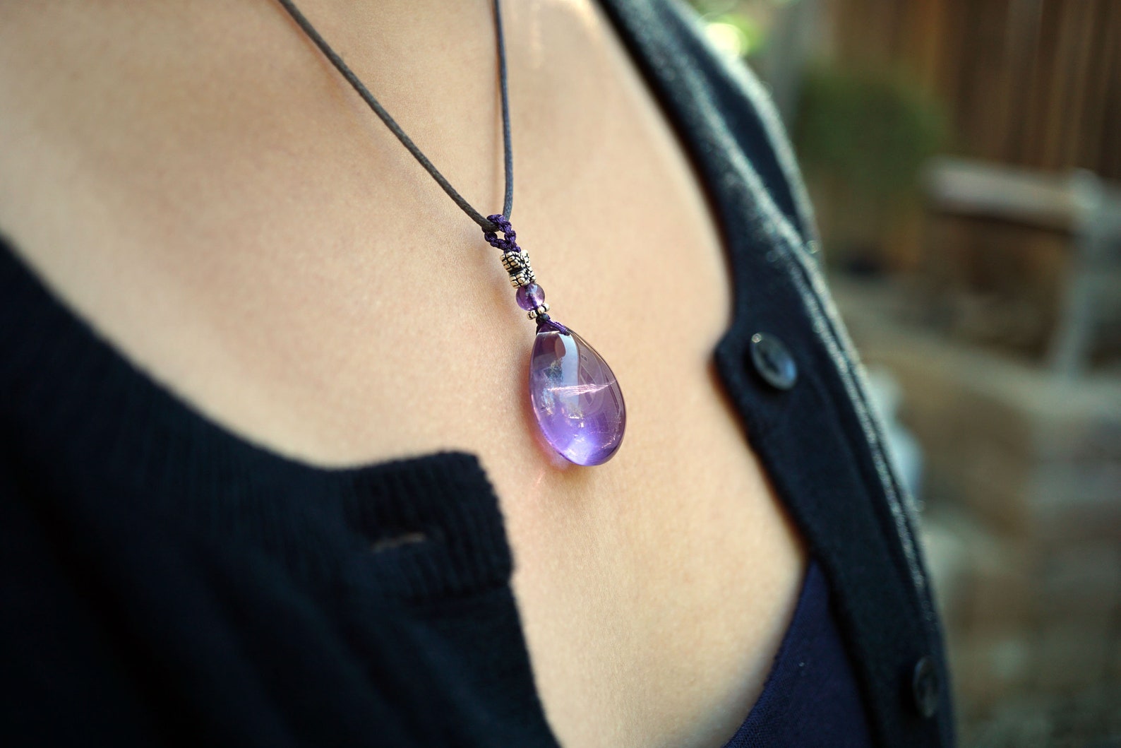 Natural Plain Teardrop Amethyst Pendant With Adjustable Brown Etsy