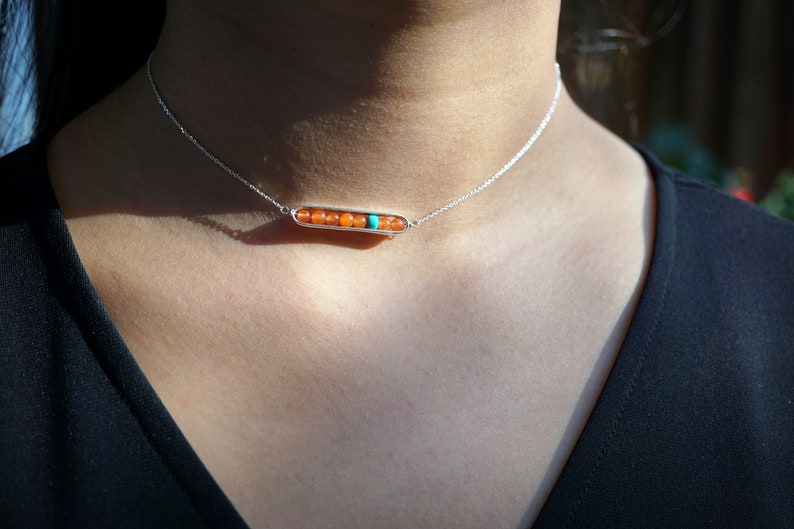 Natural Red Rabbit Hair Quartz in Sterling Silver Fram Geometric and Linear Choker Orange Gfit for Her