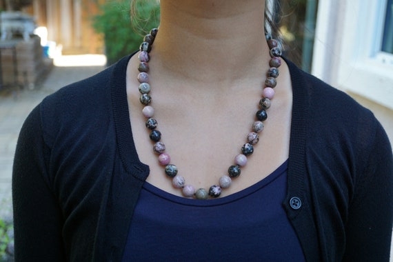 Natural Rhodonite Necklace, Knotted Bead Necklace, Pink Beaded Necklace, 12mm