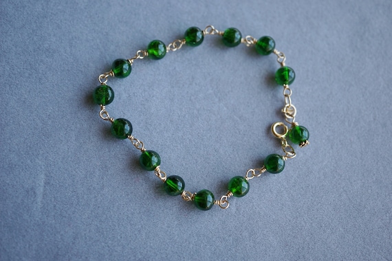 Chrome Diopside Bracelet, Vivid Green Diopside, Gold Chain Link Bracelet, 6.2mm