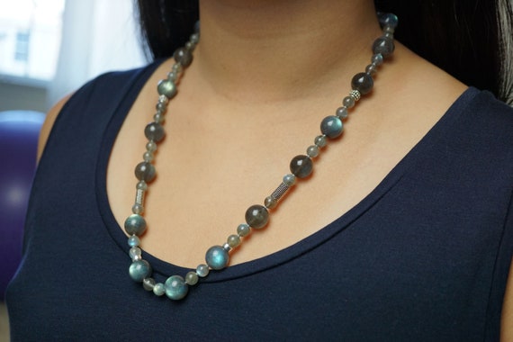 Genuine Labradorite Beaded Necklace With Knots 22inch Blue Lights Silver Beads Gift for Her