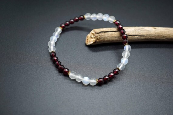 Natural Garnet Bracelet, Natural Moonstone Bracelet, Bi-color Beaded Bracelet, January Birthstone