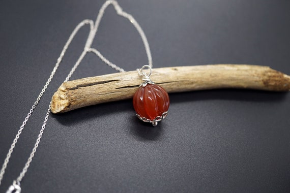 Round Pumpkin Carnelian Pendant 15mm Red Carnelian Charm Silver Necklace 18''