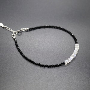 Faceted Black Tourmaline Bracelet, Faceted Moonstone Silver Bracelet, Black and White Bracelet