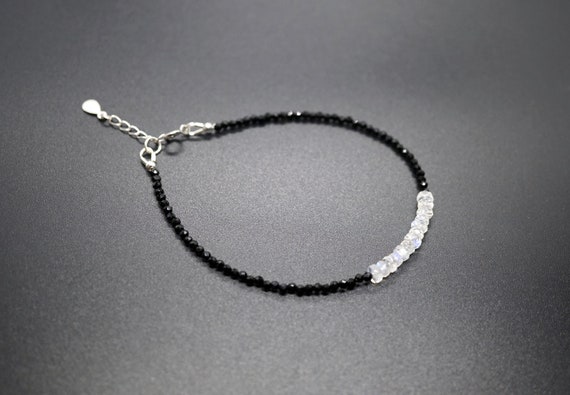 Faceted Black Tourmaline Bracelet, Faceted Moonstone Silver Bracelet, Black and White Bracelet