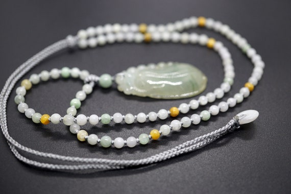 Natural Jade Pendant, Adjustable Jade Beaded Necklace, Carved Jade Charm Necklace