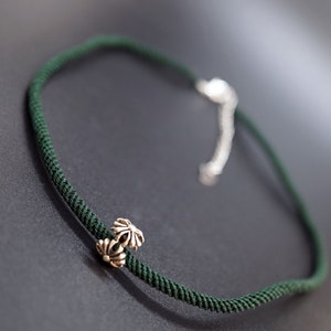 925 Silver Hollow Charm, Braided Green Rope Choker, Handmade Choker, Personalized Necklace