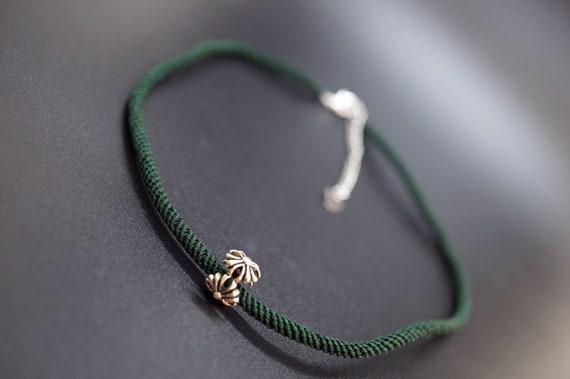 925 Silver Hollow Charm, Braided Green Rope Choker, Handmade Choker, Personalized Necklace