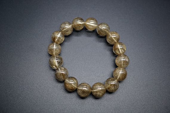 Natural Rutilated Quartz Bracelet Round 13.5mm Healing Quartz Chakra Gemstone, Grade AAA