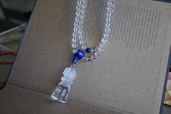 Clear Quartz Vajra Dorje Bell Pendant, Crystal Quartz Amulet Dorje Bell Necklace, 108 Prayer Bead  8mm