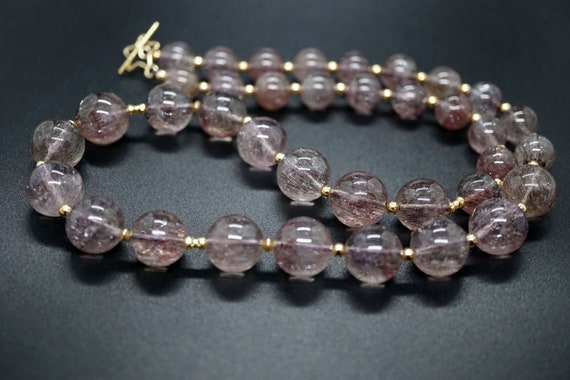 Genuine Strawberry Crystal Necklace, Beaded Necklace, Purple Glisten Quartz Necklace