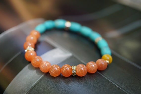 Natural Orange Sunstone Turquoise Beaded Bracelet 7MM Multi-beads Stretch Bracelet For Her