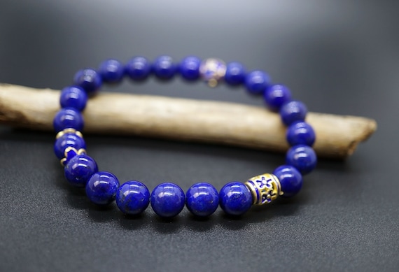 Lapis Lazuli Beaded Bracelet, Gold Enamel Bead, Handmade Bracelet High Quality Lapis 8mm