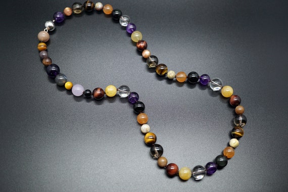 Multigemstone Necklace, Colorful Beaded Necklace, Round Bead Knoted Necklace, Natural Crystal Necklace 21''