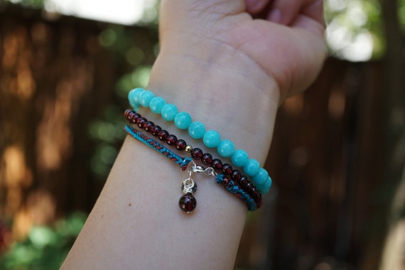 Natural Garnet Bracelet, Amazonite Bead Bracelet, Handmade Cord Bracelet, 3 Bracelet Set