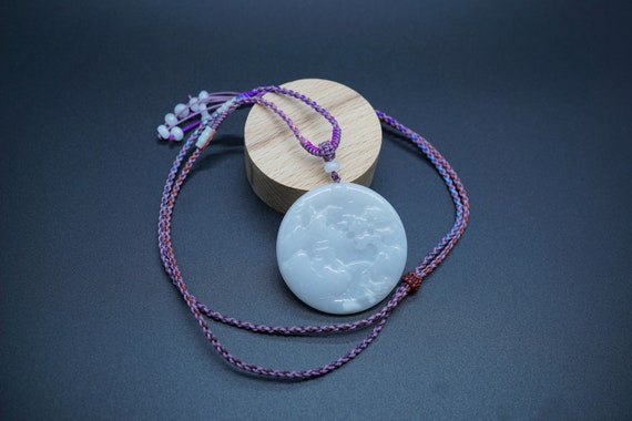 Natural White Jade Pendant, Mountain View Jade, Round Jade Penant Necklace 50mm