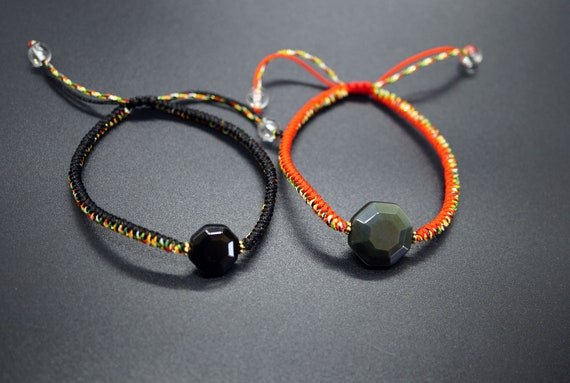 Black Eight Trigrams Obsidian Bracelet, Obsidian Bagua Bracelet, Octagon Obsidian Tibetan Bracelet