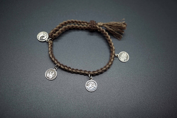 Sterling Silver Four Elements Charm, Braided Cord Bracelet, Adjustable Cord Bracelet, Sterling Silver Element Charm