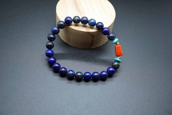Natrual Lapis Lazuli Bracelet, Blue Lapis Bracelet, Stretch Beaded Bracelet, Red Coral Charm Bracelet, 6.8mm