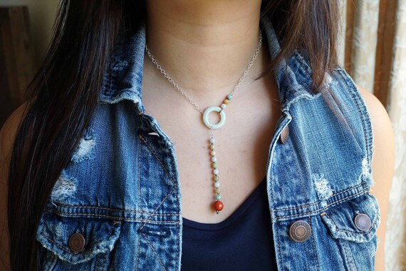 Natural Jade Lariat Necklace, Red Agate Drop Y Necklace, Silver Y Choker, DIY Necklace