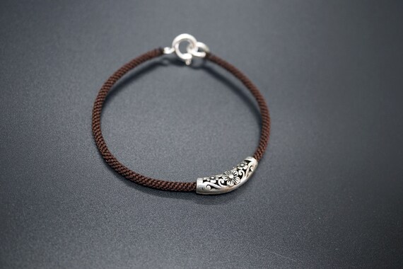 Handmade Brown Cord Bracelet Thai Silver Hollow Tube With Flower Antique Silver Bracelet 6.8''