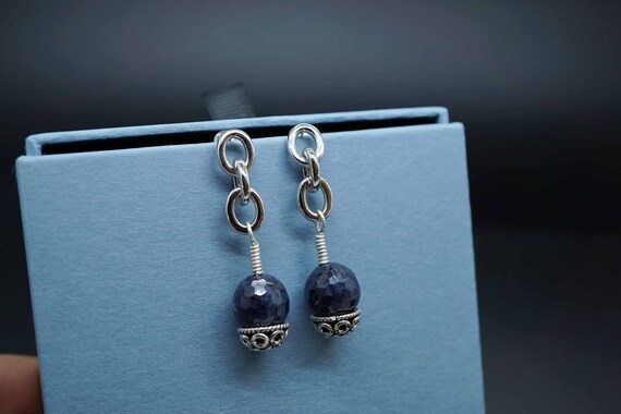 Natural Sapphire Dangle Earrings, Dark Navy Sapphire, September Birthstone Earrings, Chain Dangle Earrings