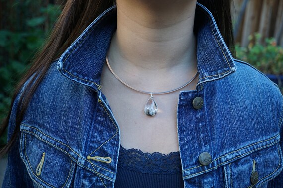 Natural Raw Quartz Pendant, Teardrop Quartz Pendant, Sterling Silver Necklace Ring, Silver Ring Choker