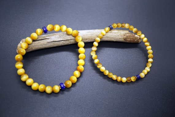 Honey Tiger eye Bead Bracelet With Lapis Lazuli Stackable Bracelet  Gold Jewelry