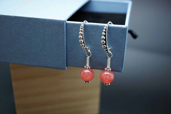 Natural Rhodochrosite Earrings, Sterling Silver Granulation Hook Earring, High Quality Rhodochrosite