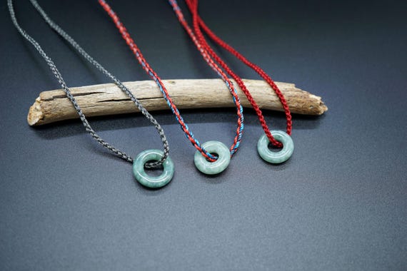 Natural Green Jadeite Pendant, Donut Jade Charm, Braided Cord Necklace, Small Circle Jade Charm