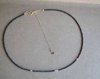 Faceted Black Tourmaline Necklace, Tourmaline Choker, Tiny Black Tourmaline Bead, Adjustable Length Necklace