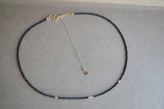 Faceted Black Tourmaline Necklace, Tourmaline Choker, Tiny Black Tourmaline Bead, Adjustable Length Necklace