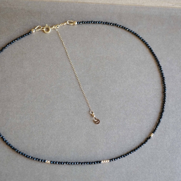 Faceted Black Tourmaline Necklace, Tourmaline Choker, Tiny Black Tourmaline Bead, Adjustable Length Necklace