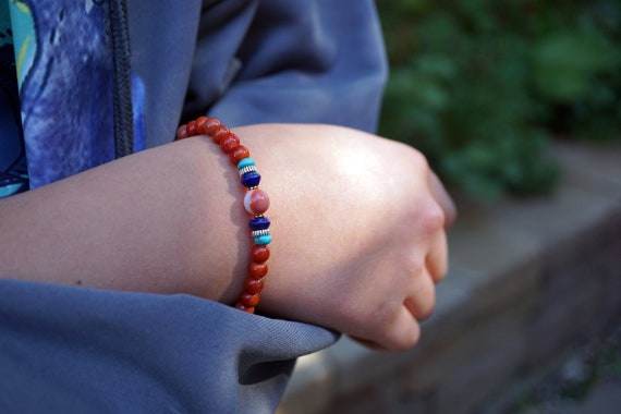 Natural Orange  Agate and Lapis Lazuli Beaded Silver Bracelet Handmade Lucky Bracelet 6MM