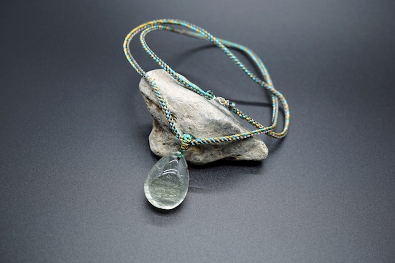 Natural Green Phantom Quartz, Teardrop Green Quartz Pendant, 28*21mm In Handmade Cord Necklace