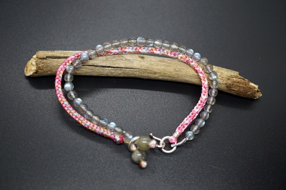 2 Strands Bracelet, Colorful Rope Knots Bracelet, Labradorite Bead Bracelet, Pink and Gray Bracelet