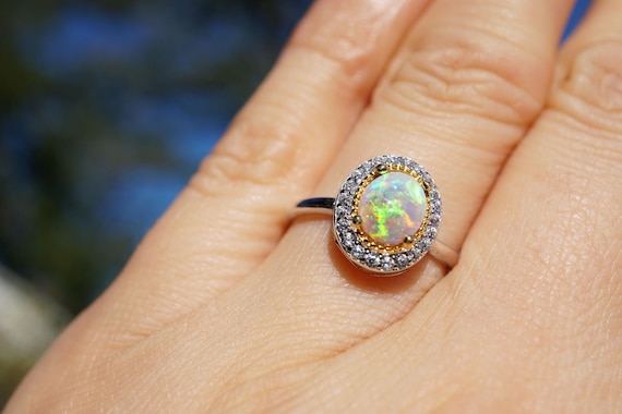Natural Opal 925 Silver Ring with CZ - US 6.5, Rainbow Opal