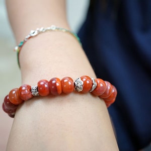 Natural Red Nanhong Agate and Silver Bracelet Handmade Lucky Bracelet 10.5MM Gift for Her Him