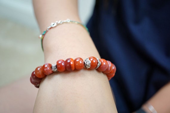 Natural Red Nanhong Agate and Silver Bracelet Handmade Lucky Bracelet 10.5MM Gift for Her Him