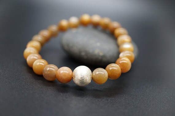 Peach Moonstone, Moonstone Bead Bracelet, Silver Charm Bracelet, Orange Bead Bracelet, 8mm