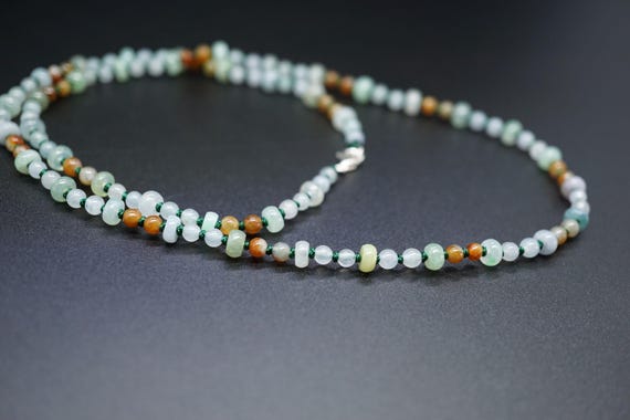 Natural Jade Necklace, White Jade Necklace, Hand Knotted Jade Necklce, Multicolor Jade Necklace, 20 inch