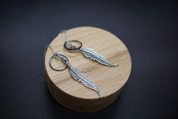 Sterling Silver Feather With Black Silver Circle link Hoop Dangle Design Earrings Gift for Her