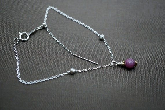 Sterling Silver Chain Bracelet, Ruby Charm Bracelet, Adjustable Silver Bracelet
