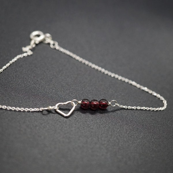 Natural Garnet Bracelet, Sterling Silver Chain Bracelet, Heart Garnet Bracelet, Gift for Her