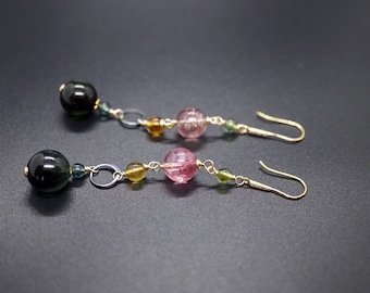 Colorful Beaded Tourmaline Dangle Earrings: 18k Gold & Gold Filled