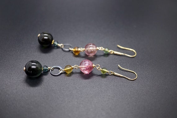 Natural Colorful Beaded Tourmaline Dangle Earring In 18k Gold Diamond and Gold filled October Birthstone For Her