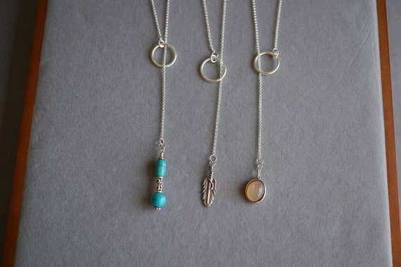 Sterling Silver Rolo Chain Lariat, Silver Leaf Lariat Necklace, Turquoise Y Necklace, Sunstone Drop Necklace